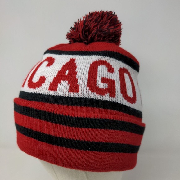 K&B Men's Knit Beanie Hat Cap Red Black Striped 100% Acrylic Pom Pom - Picture 3 of 11